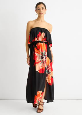 Black Bardot Ruffle Slit Viscose Midi Dress