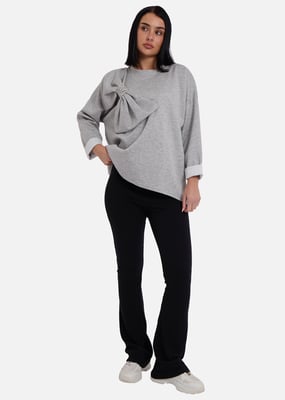 Grey Side Contrast Bow Oversized Jumper Top