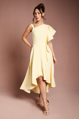 One Shoulder Crepe Ruffle Midi Dress