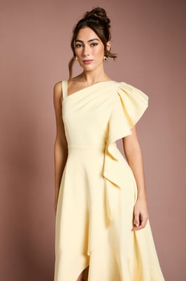 One Shoulder Crepe Ruffle Midi Dress
