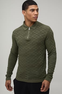 Regular Fit Basket Weave Long Sleeve 1/4 Zip Knitted Polo