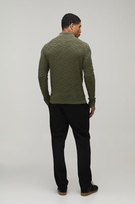Regular Fit Basket Weave Long Sleeve 1/4 Zip Knitted Polo