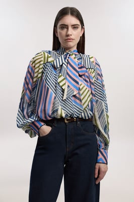 Geo Printed Viscose Georgette Printed Pussybow Woven Blouse