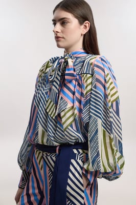 Geo Printed Viscose Georgette Printed Pussybow Woven Blouse