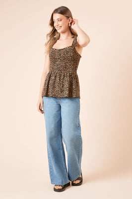 Leopard Tie Shoulder Shirred Bodice Peplum Top