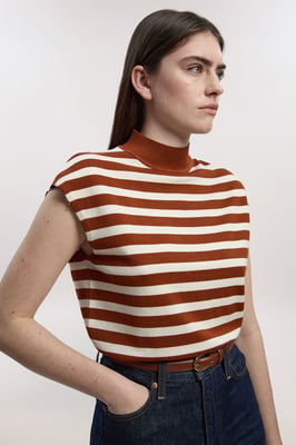 Viscose Blend High Neck Stripe Knitted Tank Top