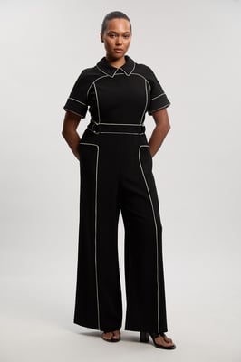 Plus Size Compact Stretch Contrast Tipped Tab Detail Tailored Jumpsuit