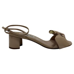 Miu Miu Bow-Embellished Ankle Strap Sandal Heels in Beige Patent Leather