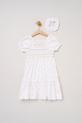 Butterfly Embroidered Smocked Dress with Scrunchie