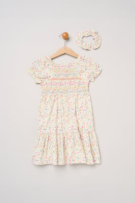 Ditsy Embroidered Smocked Dress with Scrunchie