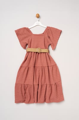 Textured Dress and Belt Outfit Set
