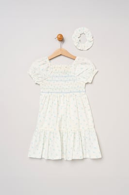 Ditsy Smocked Embroidery Dress with Matching Scrunchie