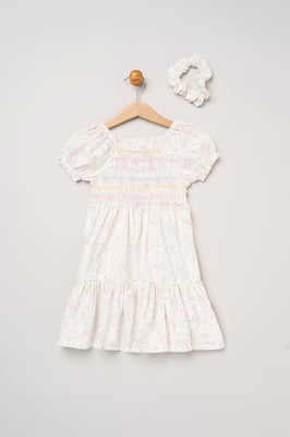 Floral Embroidered Smocked Dress with Scrunchie