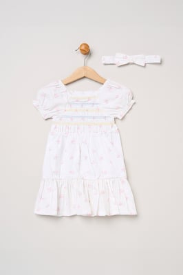Butterfly Embroidered Smocked Dress with Headband
