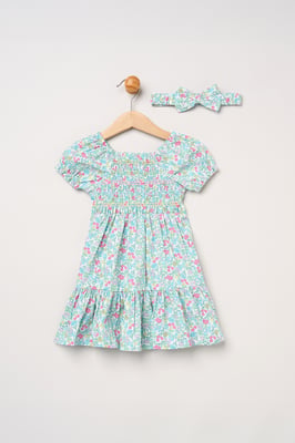 Floral Embroidered Smocked Dress with Headband