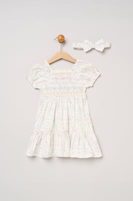 Floral Embroidered Smocked Dress with Headband