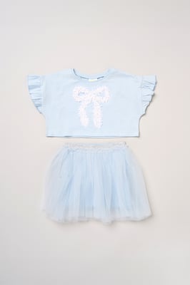 Bow Applique Short Sleeve T-Shirt and Tutu Skirt Outfit Set