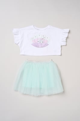 Sea Shell Applique Short Sleeve T-Shirt and Tutu Skirt Outfit Set