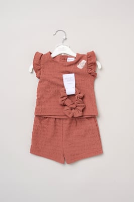 Textured Top, Shorts and Scrunchie Outfit Set