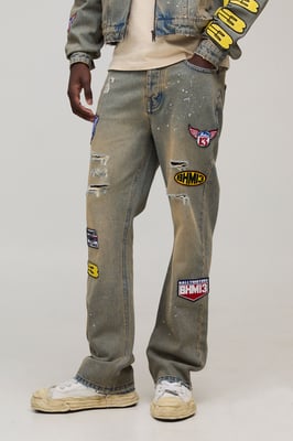 Slim Flared Moto Badge Washed Jeans