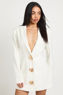 Large Gold Button Trim Blazer Dress