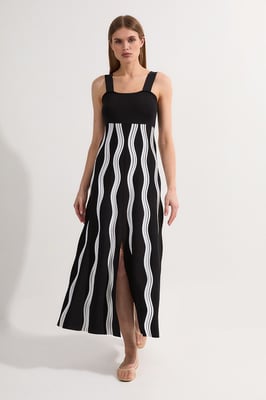 Petite Contrast Wave Knit A-Line Knitted Strappy Dress