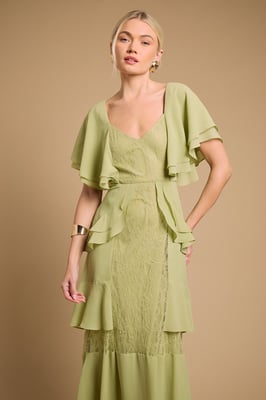 Lace Panel Ruffle Maxi Dress