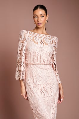 Satin Lace Boat Neck Midi Dress With Fluted Sleeve