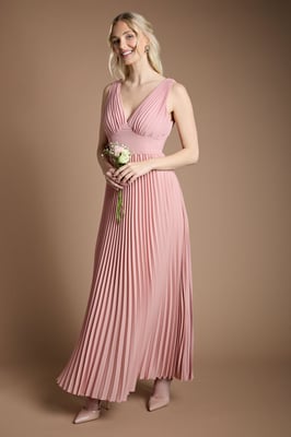 Pleated Plunge Neck Maxi Bridesmaid Dress