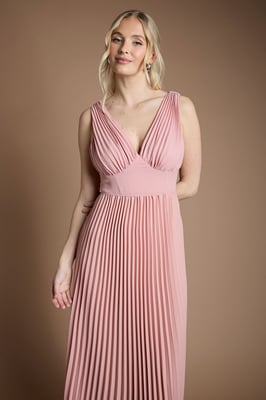 Pleated Plunge Neck Maxi Bridesmaid Dress