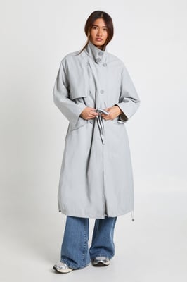Textured Cinched Waist Funnel Neck Trench Coat