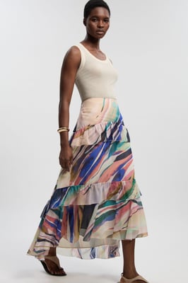 Marble Print Crinkle Chiffon Woven Maxi Skirt