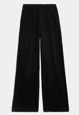 M&S Denim Elasticated Waist Wide Leg Trousers in Black