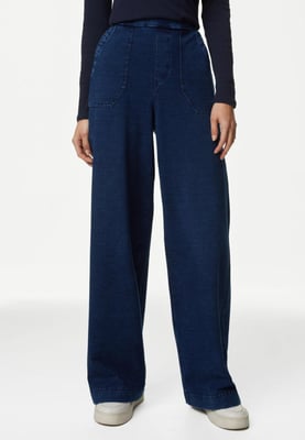M&S Denim Elasticated Waist Wide Leg Trousers in Medium Blue