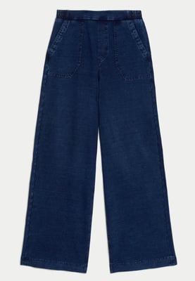 M&S Denim Elasticated Waist Wide Leg Trousers in Medium Blue