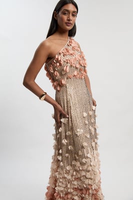 Floral Applique One Shoulder Woven Maxi Dress