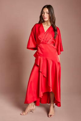Satin Back Crepe Ruffle Wrap Midi Dress