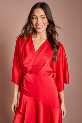 Satin Back Crepe Ruffle Wrap Midi Dress