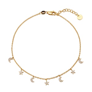 Gold Plated Sterling Silver Moon & Star CZ Charm Anklet