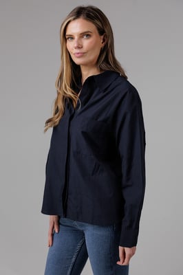 Navy Cotton Long Sleeve Chest Pocket Poplin Popover High-Low Hem Shirt