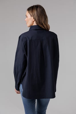 Navy Cotton Long Sleeve Chest Pocket Poplin Popover High-Low Hem Shirt