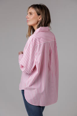 Pink Cotton Relaxed-Fit Long Sleeve Striped Popover High-Low Hem Shirt