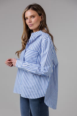 Blue Cotton Relaxed-Fit Long Sleeve Striped Popover High-Low Hem Shirt