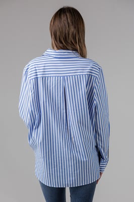 Blue Cotton Relaxed-Fit Long Sleeve Striped Popover High-Low Hem Shirt
