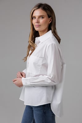 White Cotton Long Sleeve Chest Pocket Poplin Popover High-Low Hem Shirt