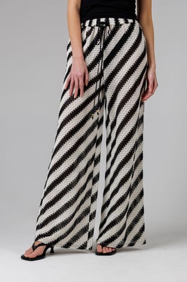 Black Cotton Blend Stripe Crochet Elasticated Drawstring Wide Leg Trousers