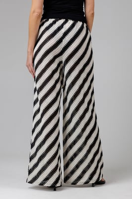 Black Cotton Blend Stripe Crochet Elasticated Drawstring Wide Leg Trousers