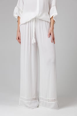 White Crinkle Trim Elasticated Drawstring Waist Wide Leg Trousers