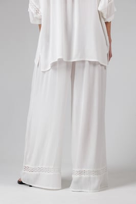 White Crinkle Trim Elasticated Drawstring Waist Wide Leg Trousers