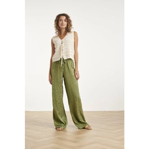 Smashed Lemon Glinsterende wide-leg pantalon met dieren print in olijfgroen |